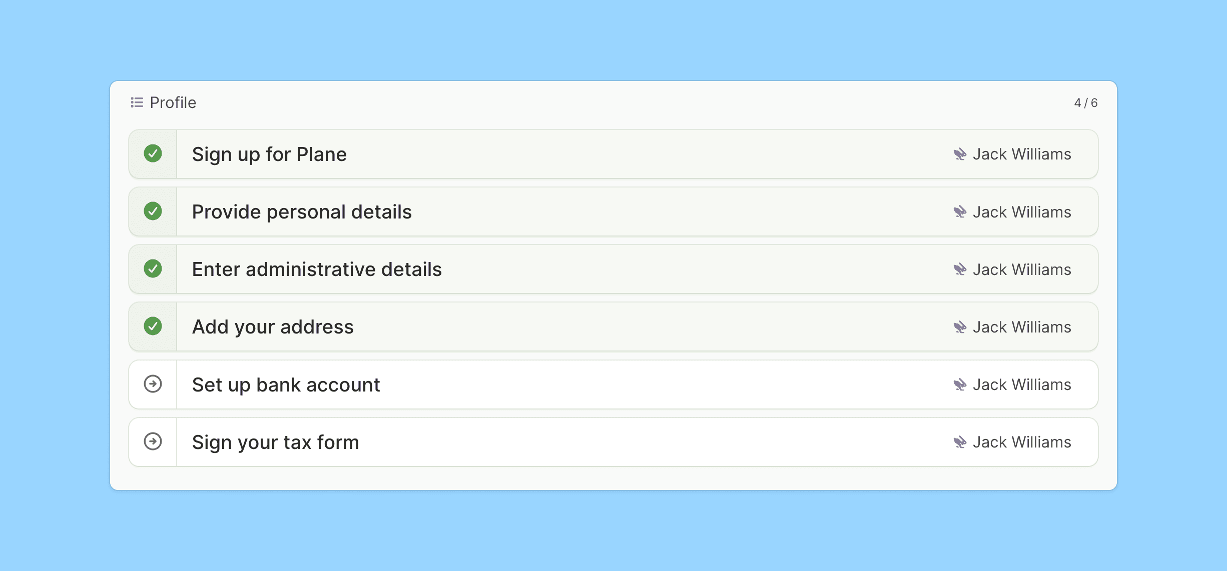 Sample onboarding checklist for Jack Williams