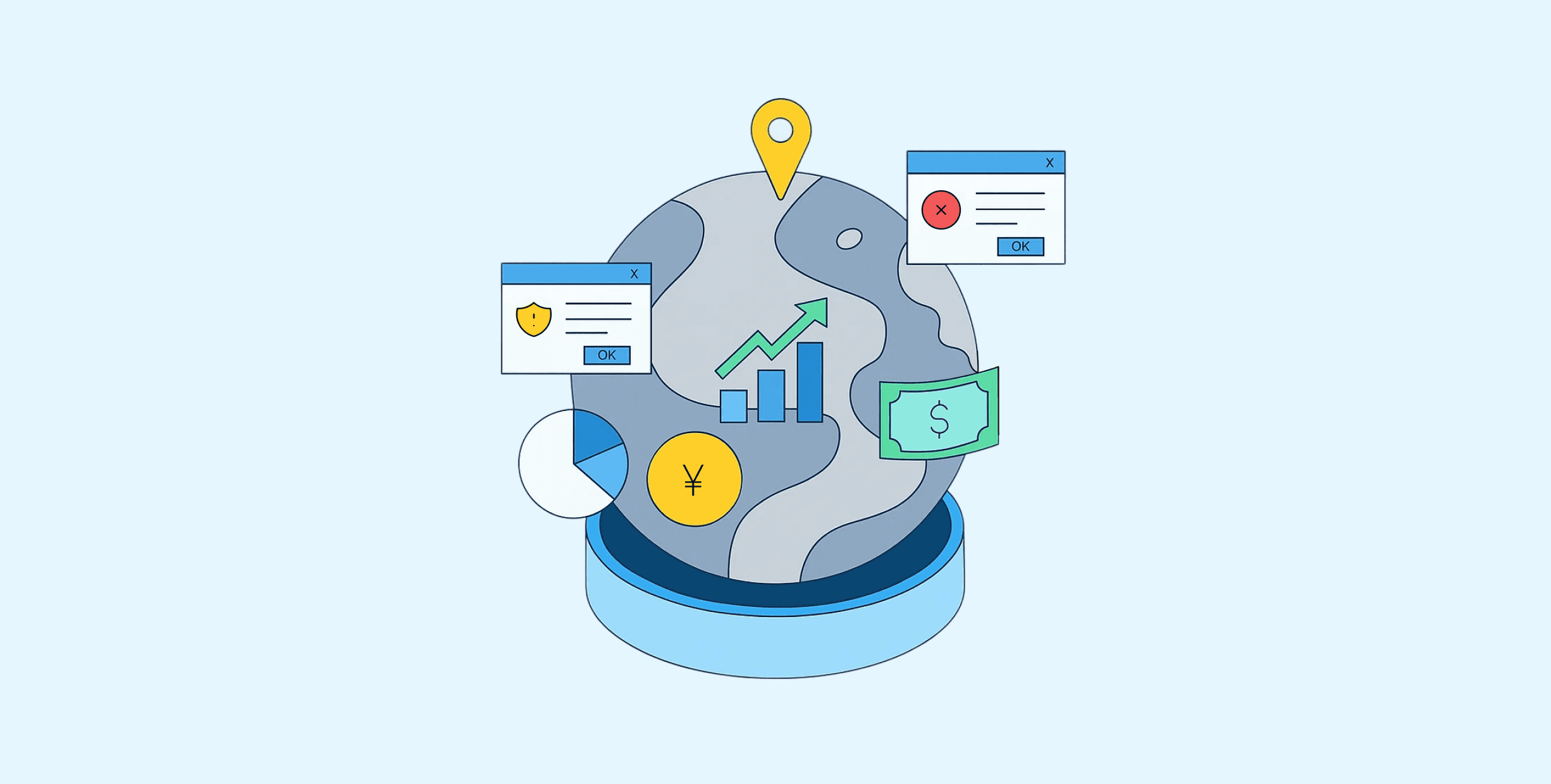 Illustration of a globe with financial icons, including currency symbols, graphs, and web pop-ups, symbolizing global payroll.